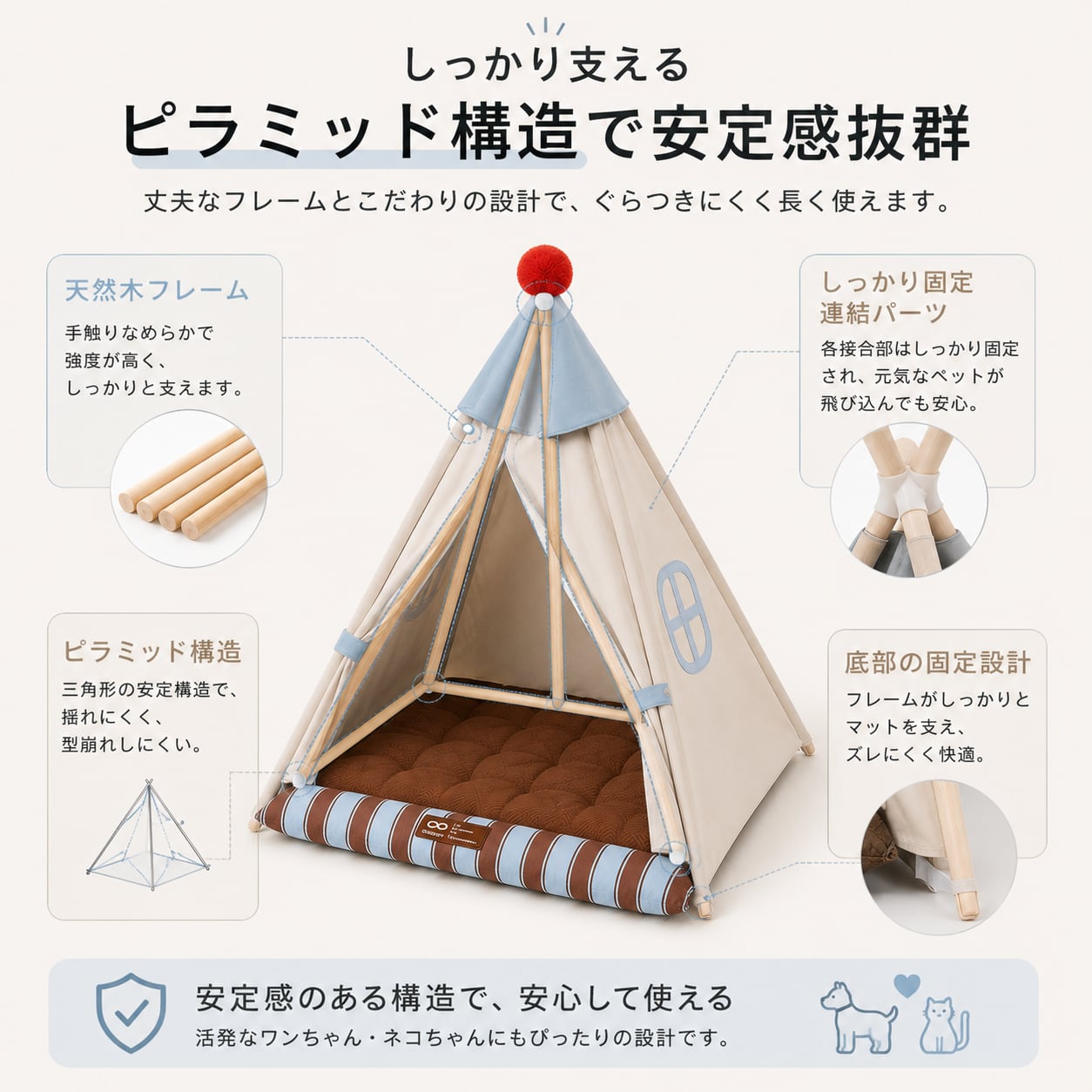 ネコ用テントハウス 四季対応 クッション付き木製フレーム