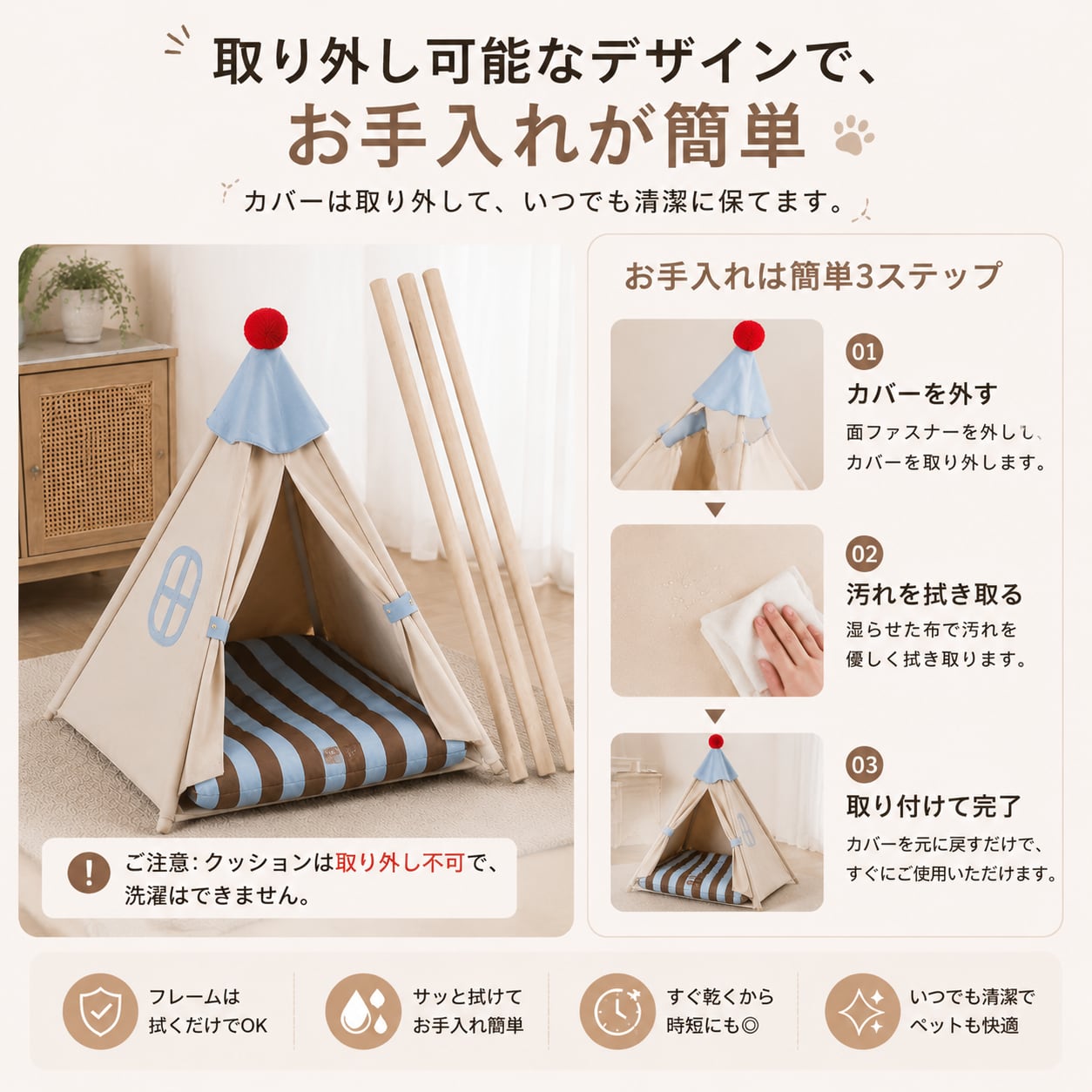 ネコ用テントハウス 四季対応 クッション付き木製フレーム