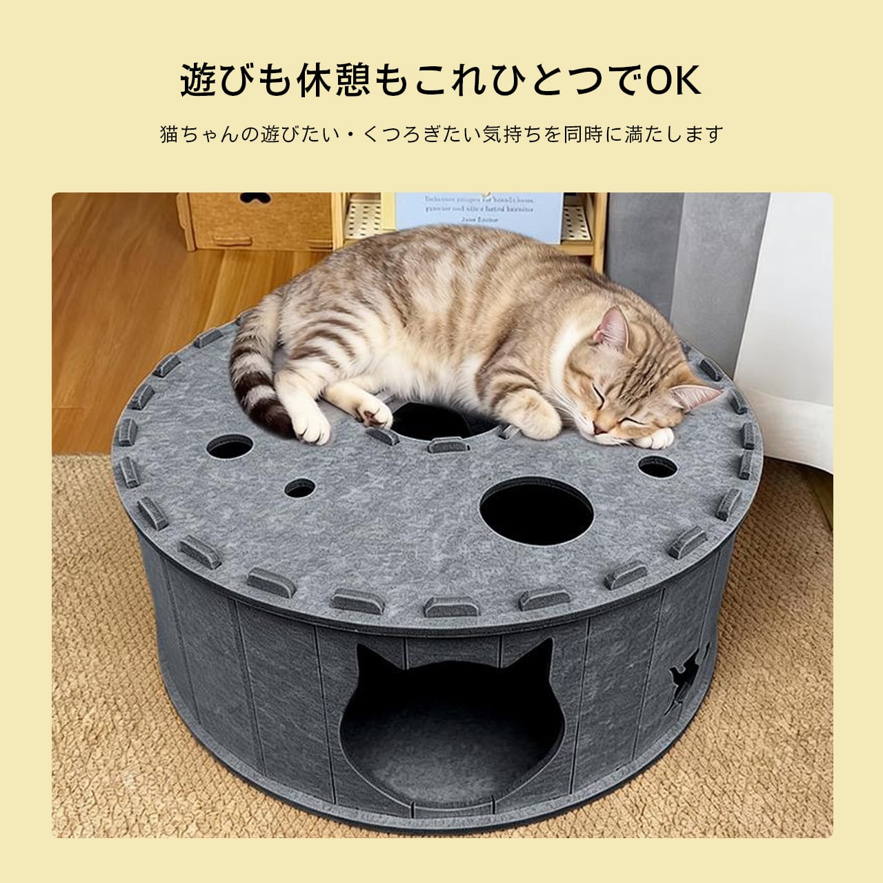 フェルト製キャットトンネルベッド 2層構造 多頭飼い対応 半密閉式 猫ハウス 爪とぎ 遊び場 ドーナツ型 猫用ベッド 大型 猫トンネル