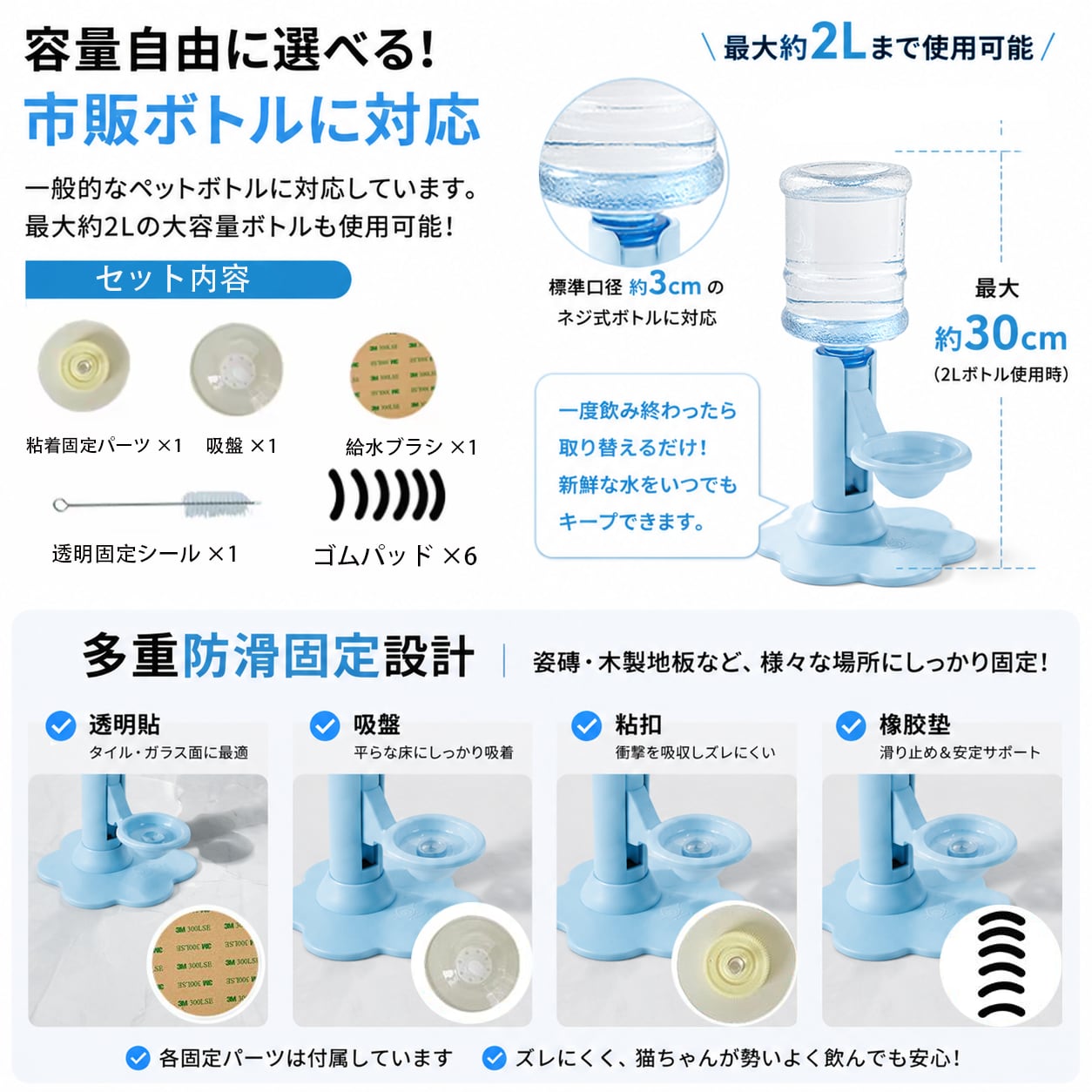S  56  .猫用 自動給水スタンド｜電源不要 ペットウォーターディスペンサー 高さ調整可能 逆流防止設計 ヒゲが濡れにくい 洗いやすい