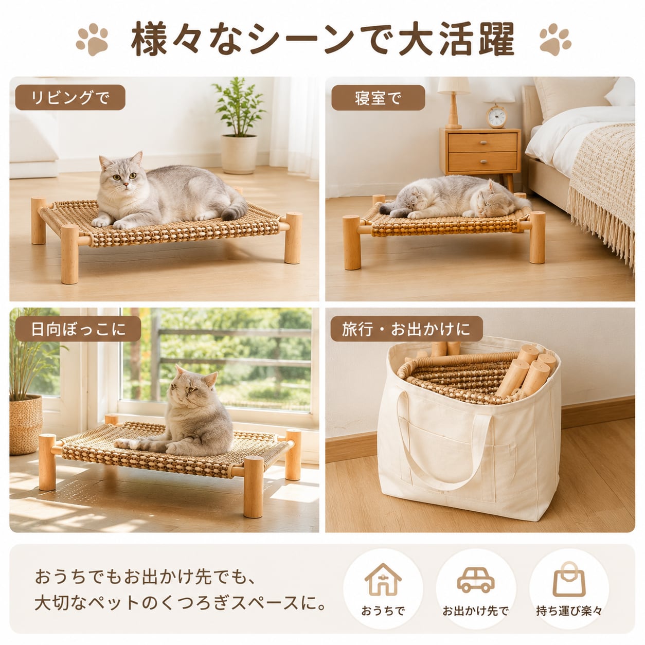 天然木フレーム ペット用離地ベッド｜猫・小型犬対応 通気性抜群・爪とぎOK