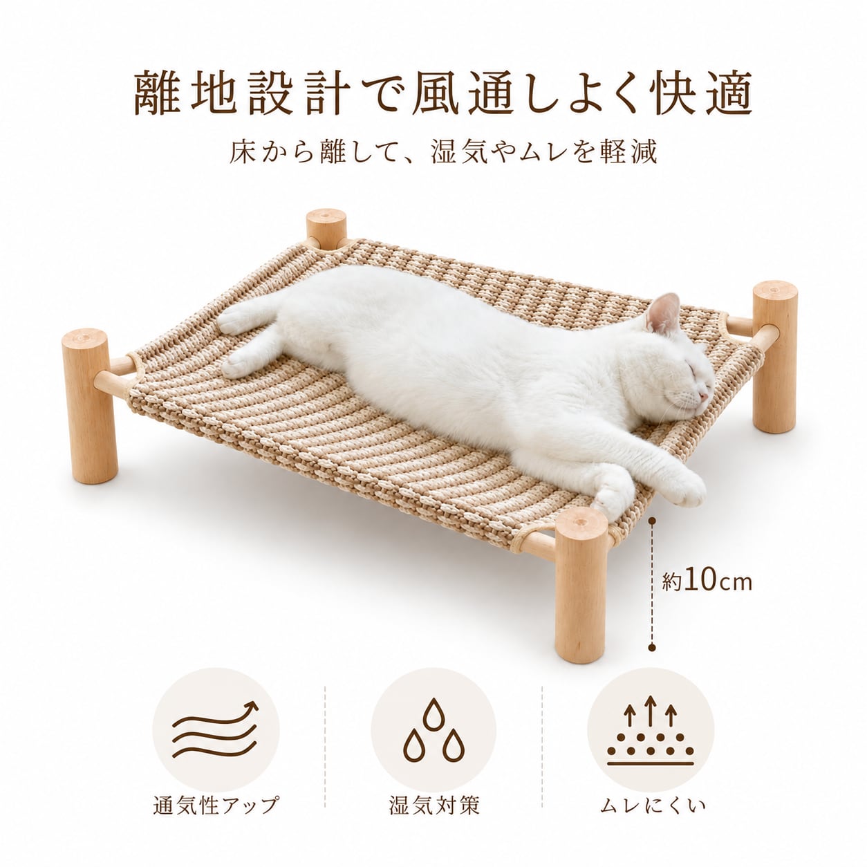 天然木フレーム ペット用離地ベッド｜猫・小型犬対応 通気性抜群・爪とぎOK