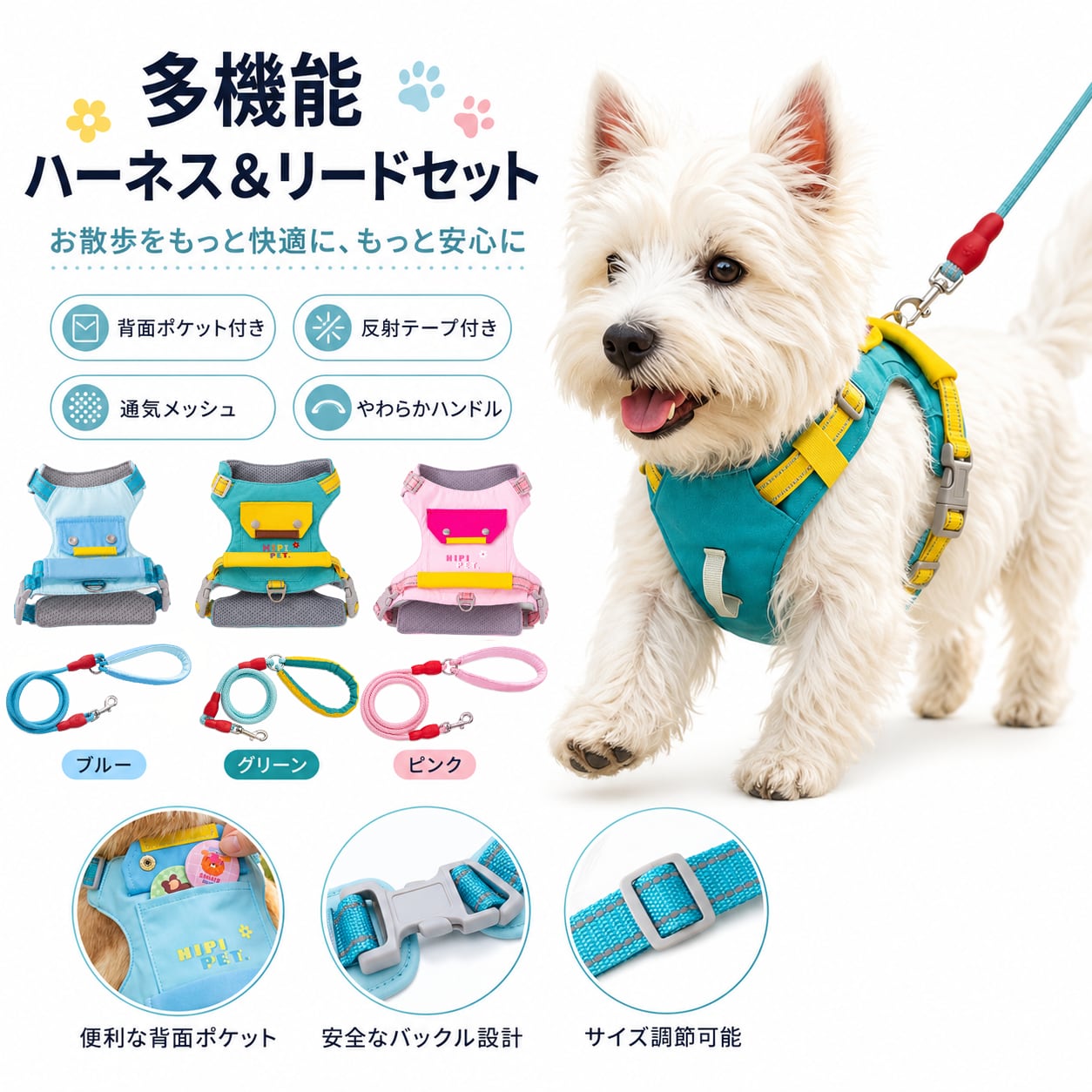 S  63  .犬用ハーネス＆リードセット 防爆走 胴輪タイプ 背面収納ポケット付き 防虫アロマ対応 反射テープ付き 小型犬・中型犬向け お散歩ハーネス