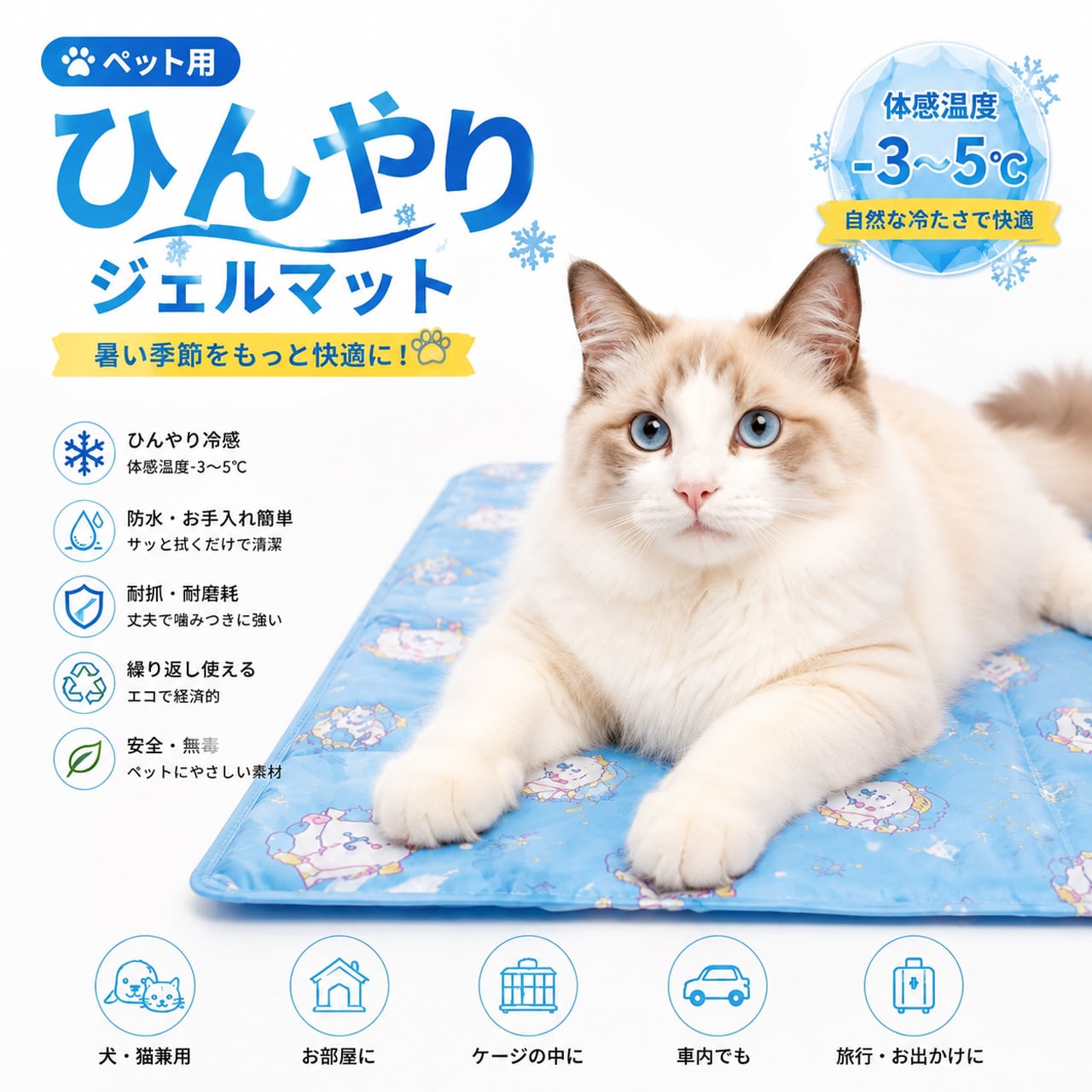 猫用ひんやりジェルマット｜夏用冷感PVC防水ペットクールマット（猫・犬兼用）
