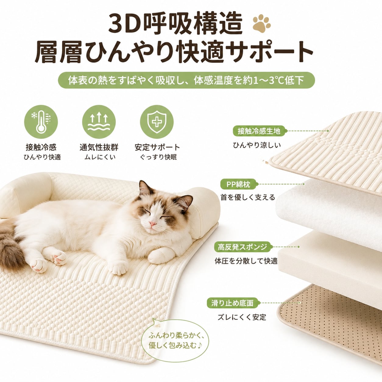 フレンチクリーム風 ペット用クールマット 夏用冷感ベッド