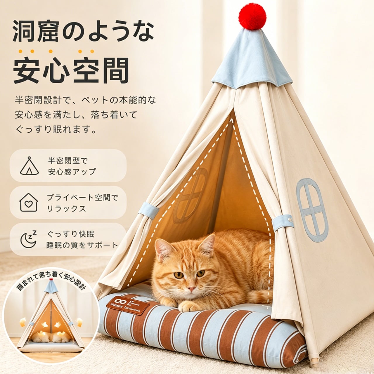 ネコ用テントハウス 四季対応 クッション付き木製フレーム