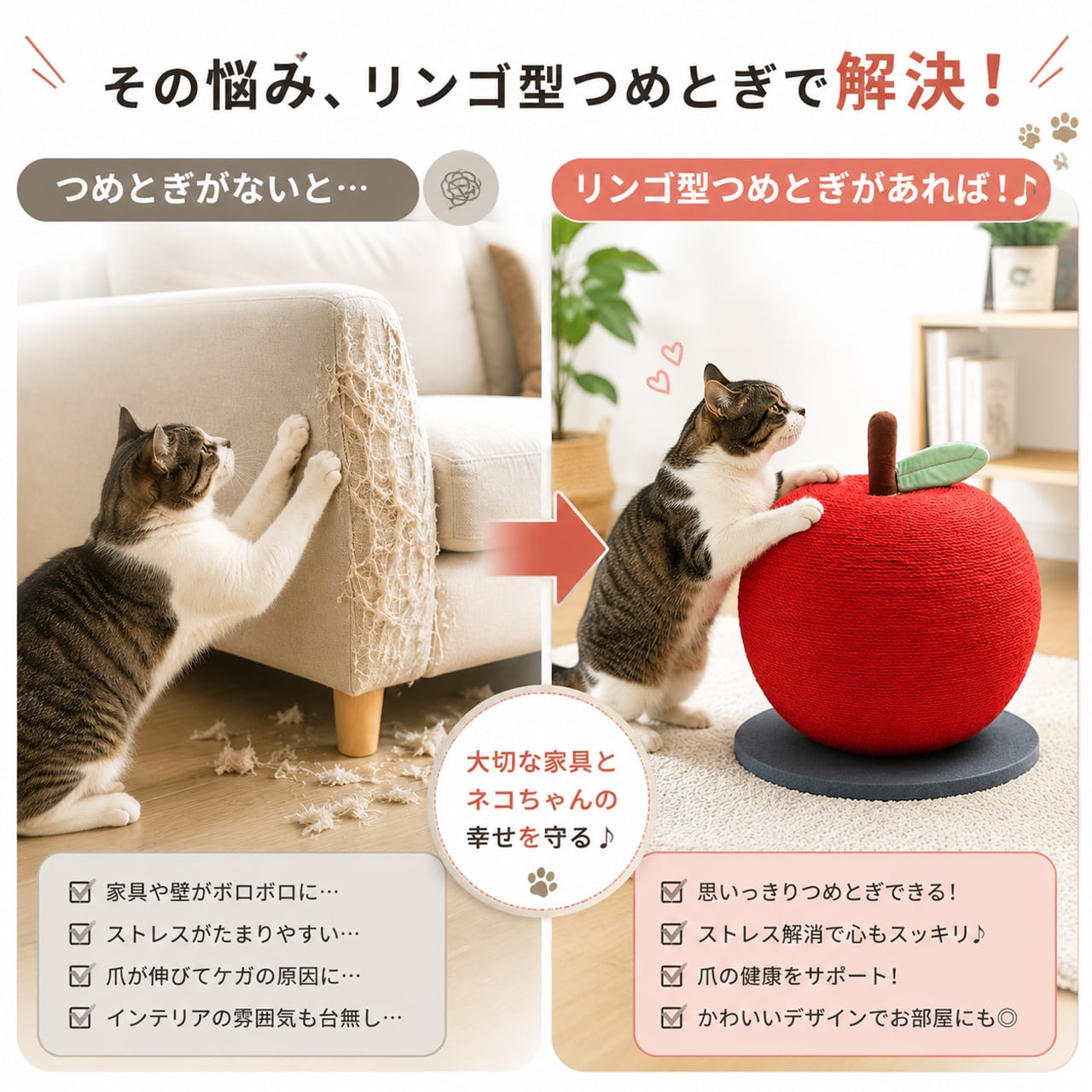 りんご型キャットスクラッチャー（猫用爪とぎ）-3 色展開