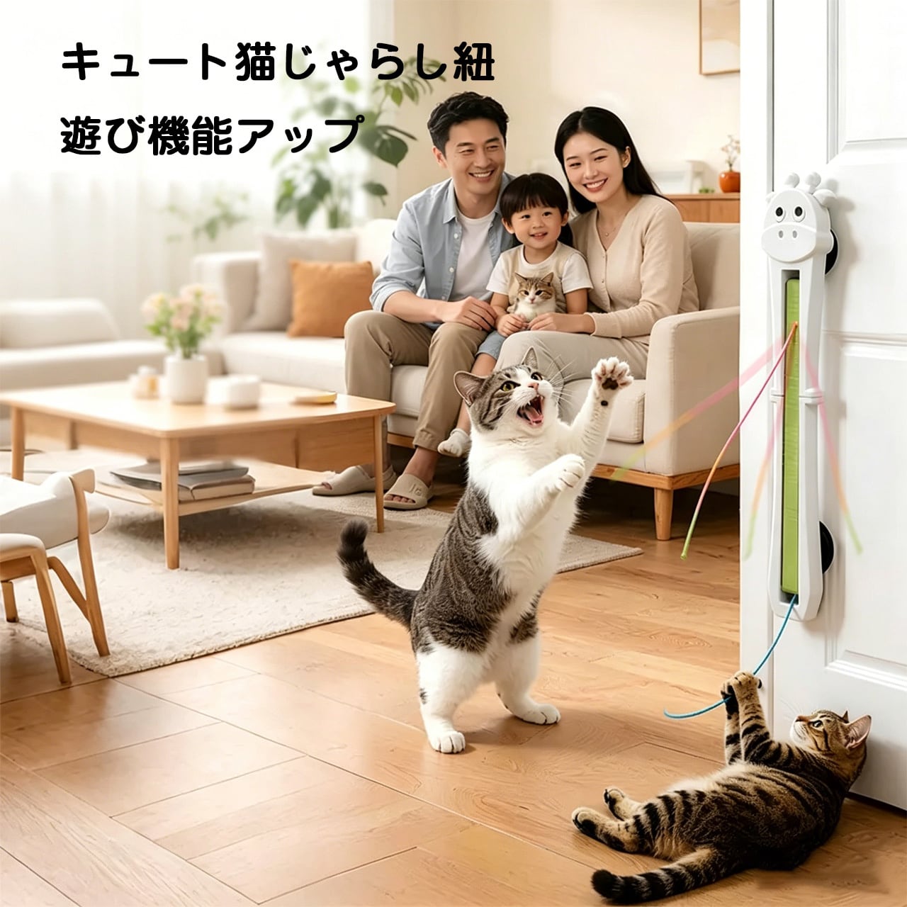 【梅雨シーズン・猫の運動不足対策】自動猫じゃらし 吊り下げ式ドア取付タイプ 猫用おもちゃ ロープ回転 電動ねこじゃらし 一人遊び ストレス解消 室内運動
