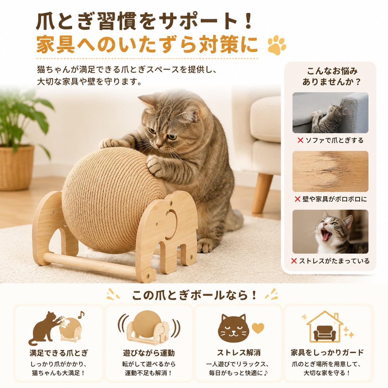 S 61  .猫用爪とぎボール 木製スタンド付き 麻縄ボール 猫おもちゃ 爪磨き ストレス解消 運動不足対策 ペット用品