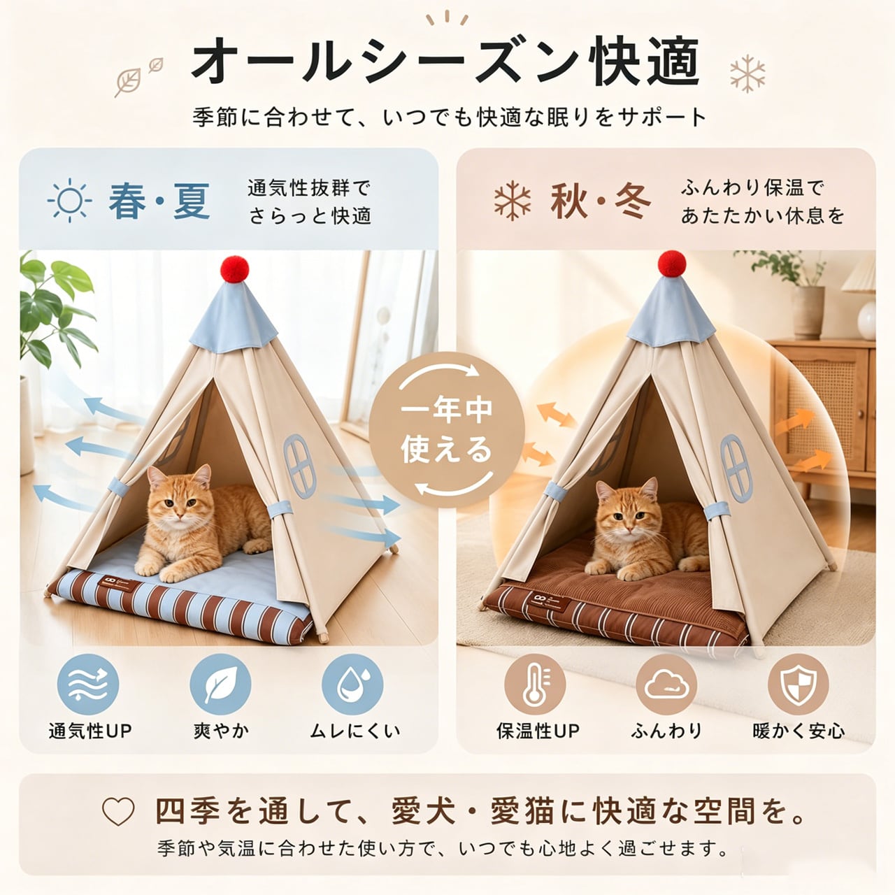 ネコ用テントハウス 四季対応 クッション付き木製フレーム