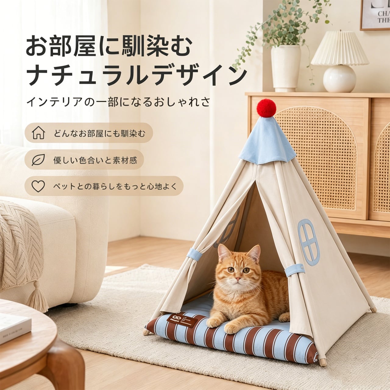 ネコ用テントハウス 四季対応 クッション付き木製フレーム