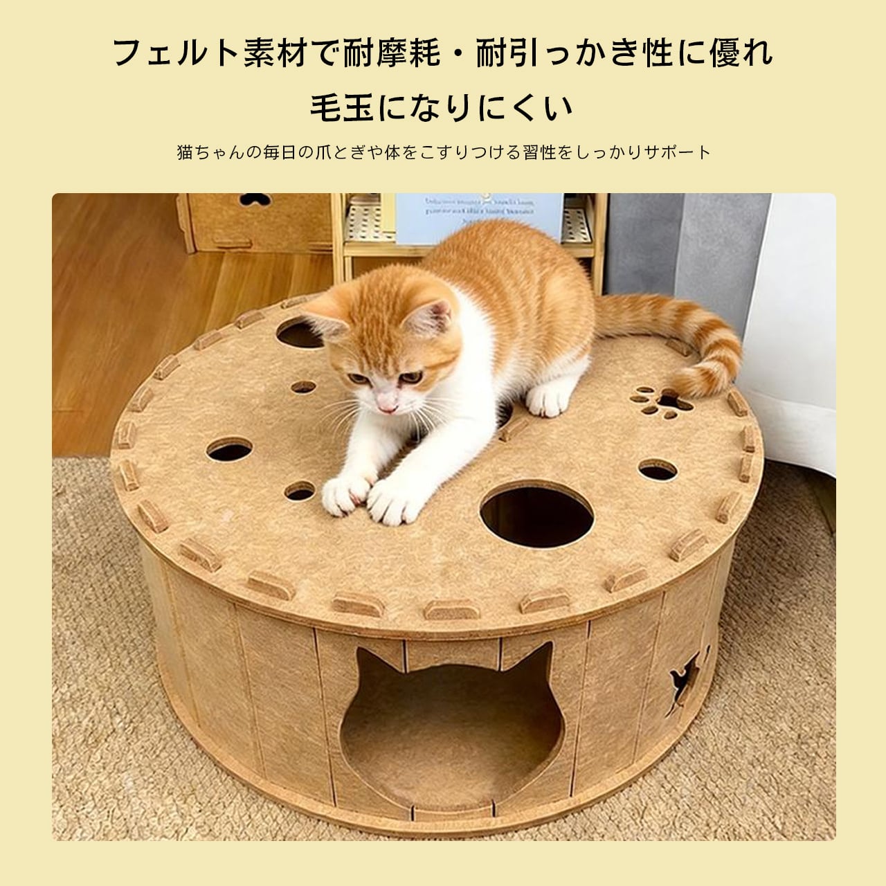 フェルト製キャットトンネルベッド 2層構造 多頭飼い対応 半密閉式 猫ハウス 爪とぎ 遊び場 ドーナツ型 猫用ベッド 大型 猫トンネル