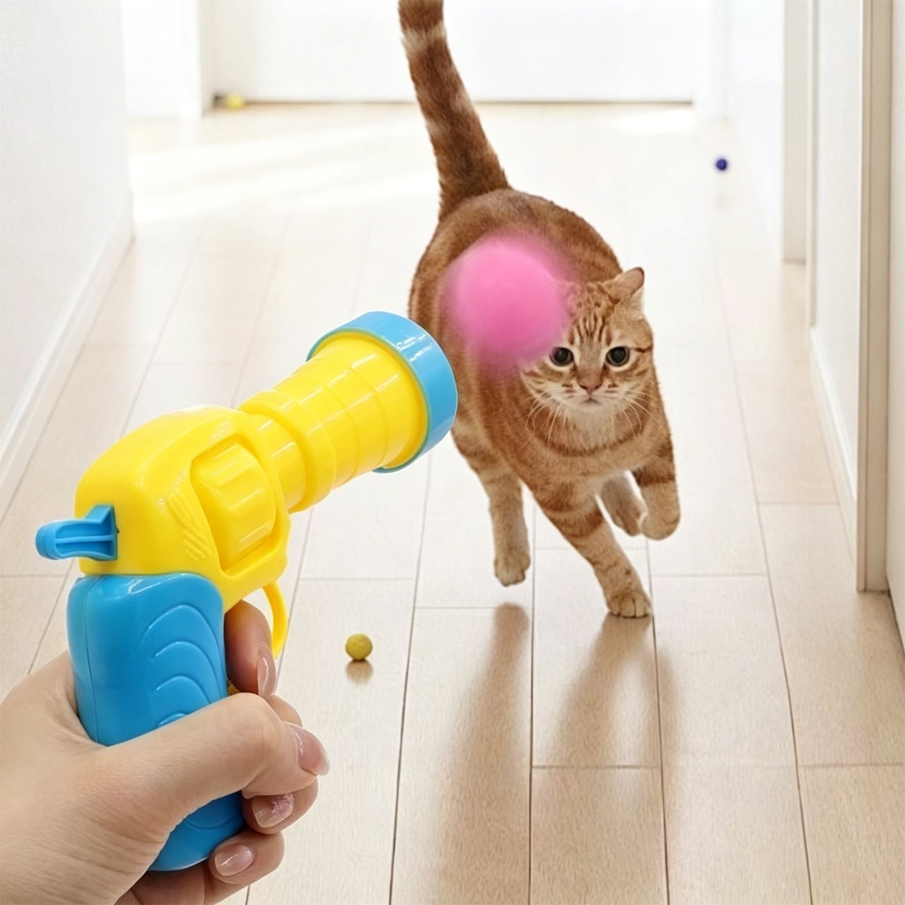夏のおうち遊び 猫用ボールランチャー｜ふわふわ毛玉発射おもちゃ 静音設計 子猫・成猫対応 室内運動 ストレス解消 猫じゃらし代わり 夏休みギフト