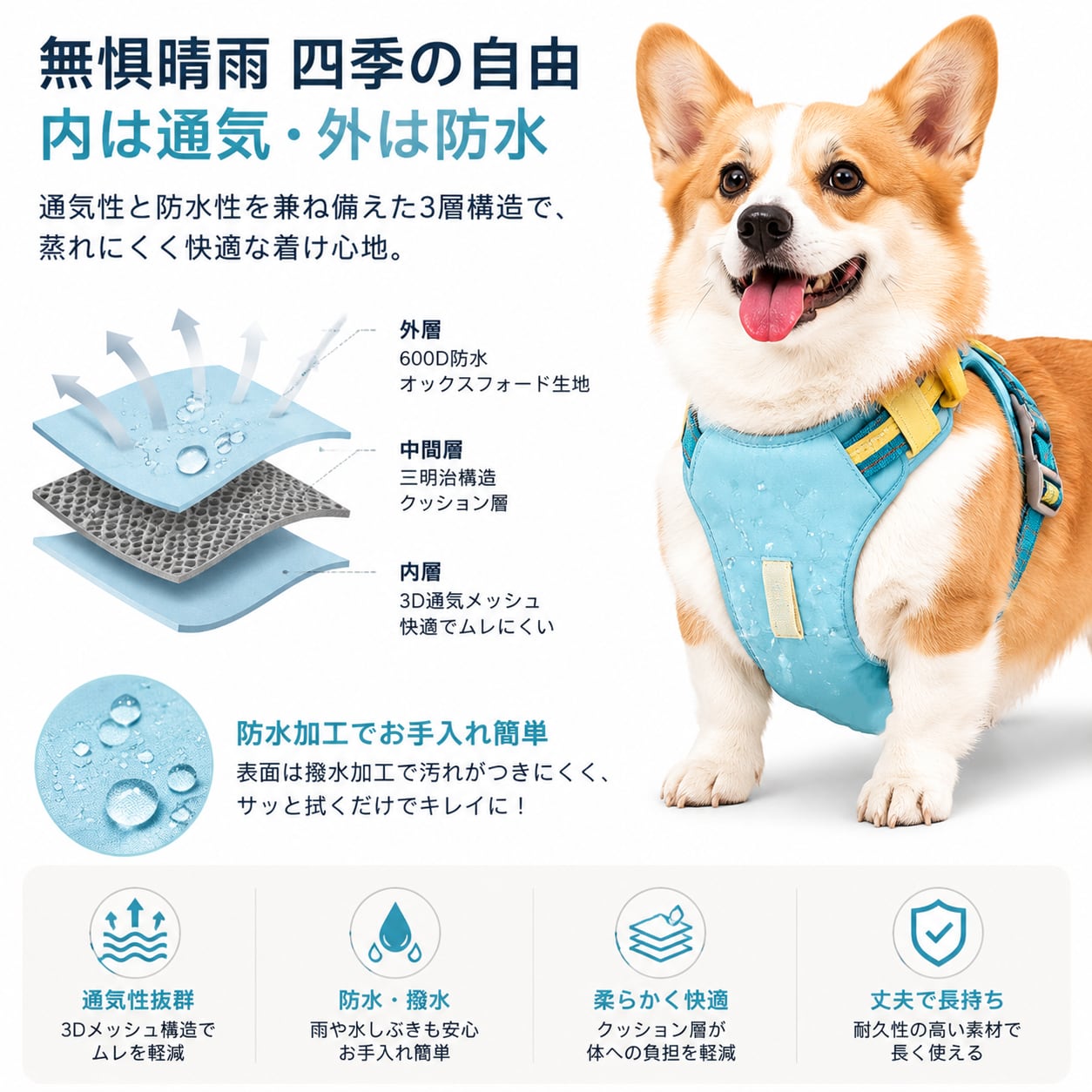 S  63  .犬用ハーネス＆リードセット 防爆走 胴輪タイプ 背面収納ポケット付き 防虫アロマ対応 反射テープ付き 小型犬・中型犬向け お散歩ハーネス