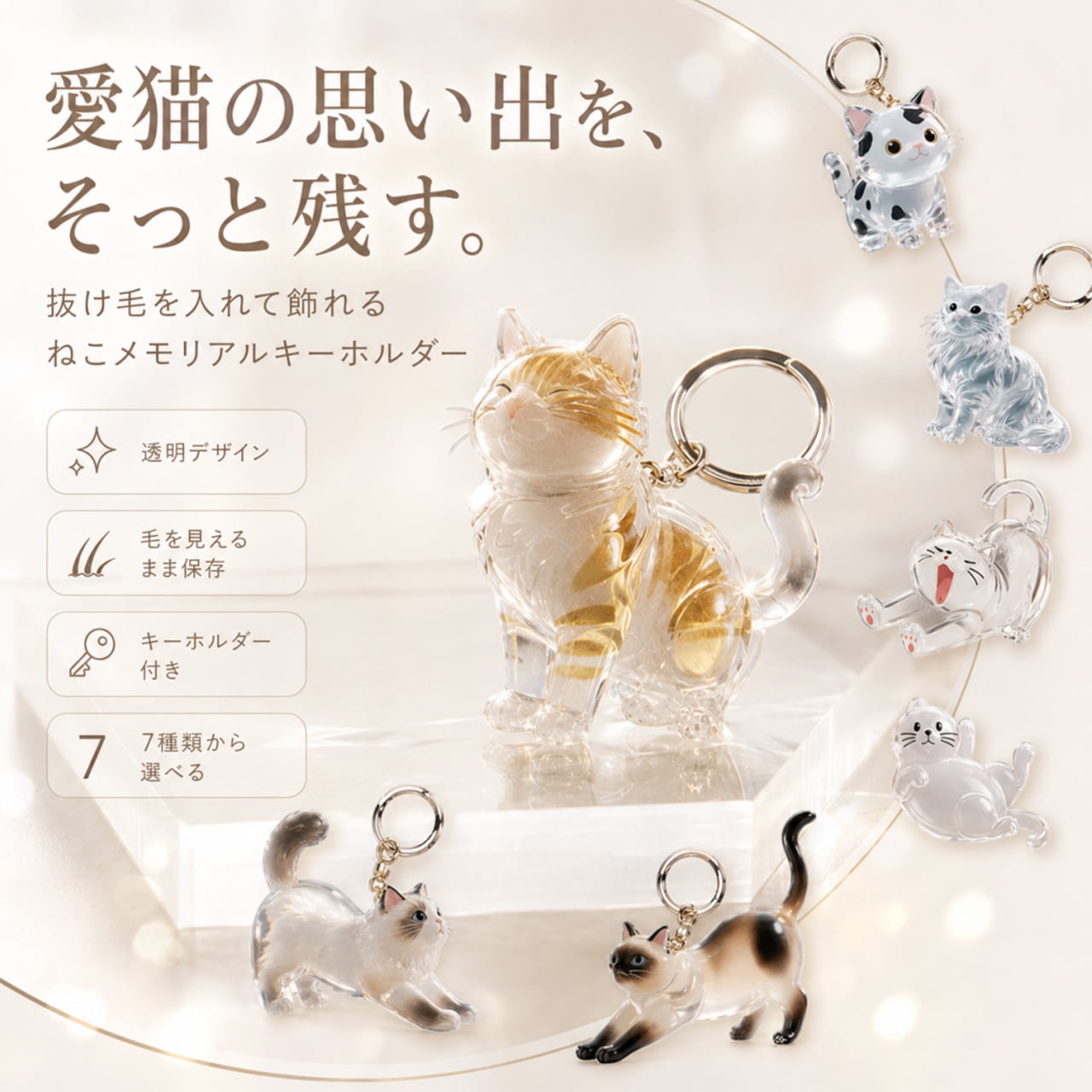 透明ねこ毛収集キーホルダー｜ねこ毛メモリアルチャーム｜かわいい猫飾り