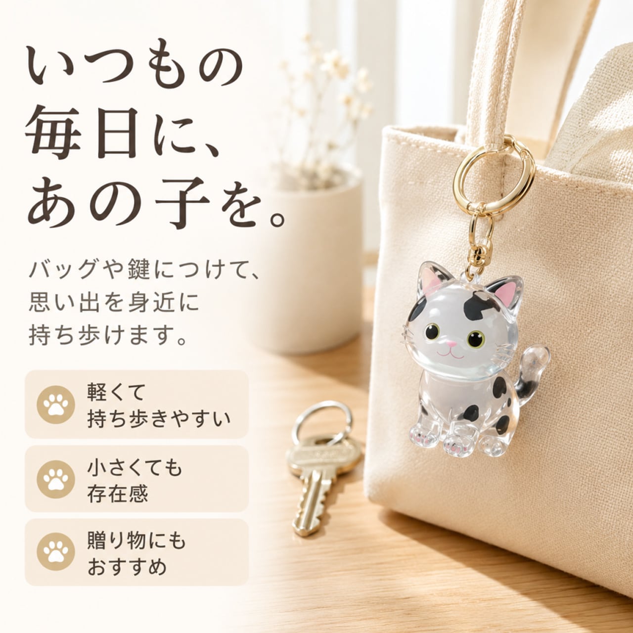 透明ねこ毛収集キーホルダー｜ねこ毛メモリアルチャーム｜かわいい猫飾り