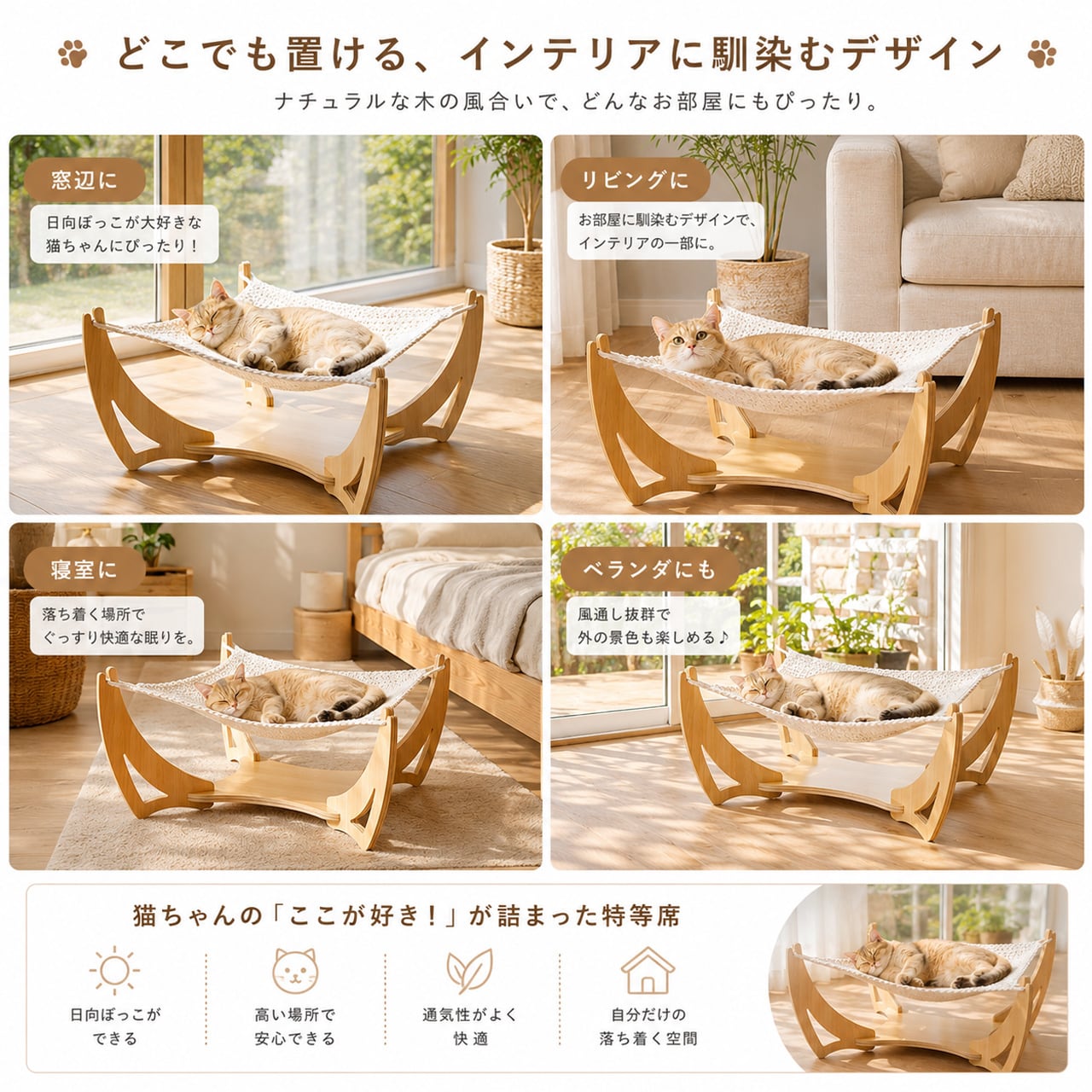 多層合板一体湾曲フレーム 手編み綿ロープ猫ハンモック 2 サイズ展開