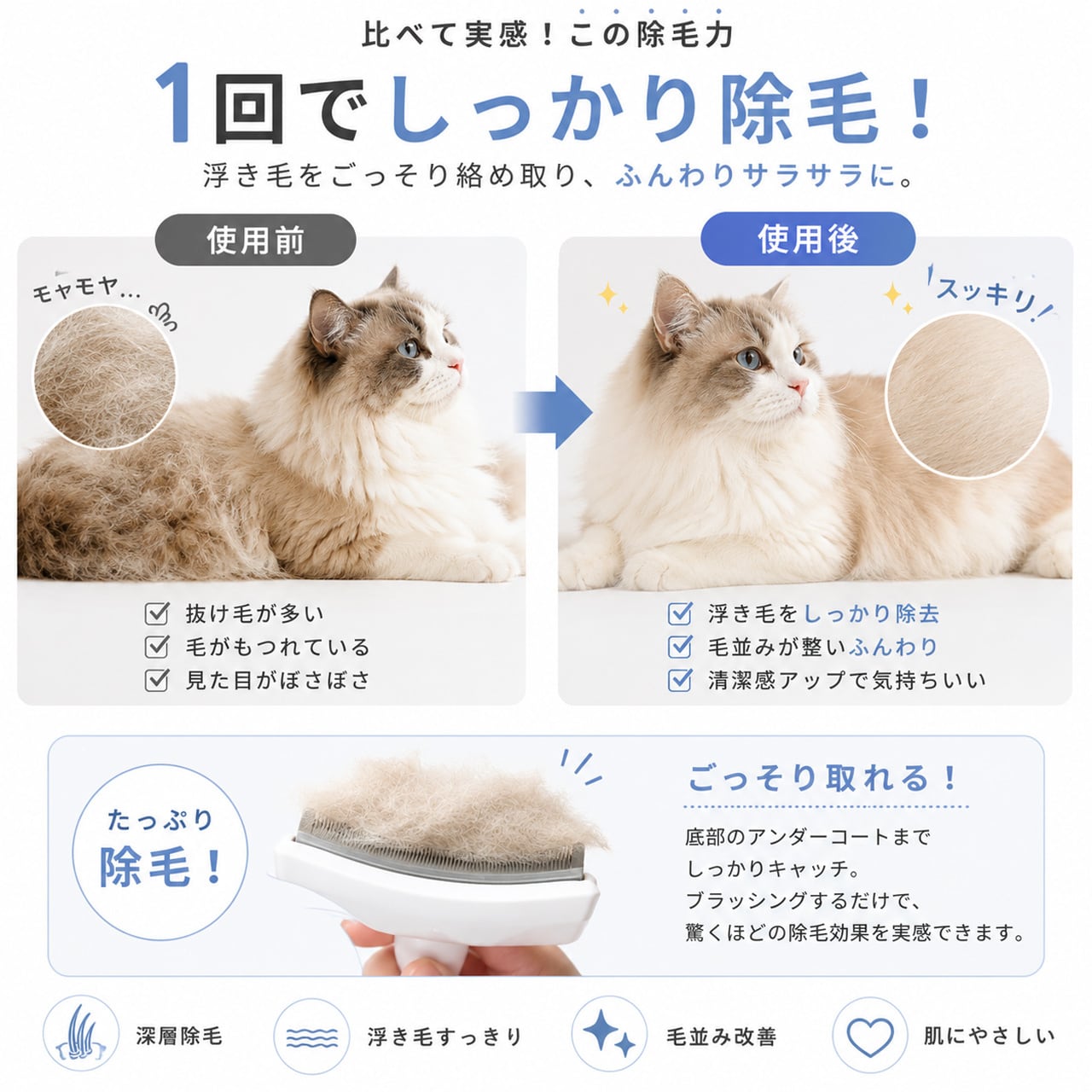 V 型密歯湾曲ペットトリミングコーム 猫犬兼用