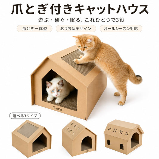 S 68  .段ボール猫ハウス 爪とぎ付き 猫用ベッド キャットハウス 猫別荘 休憩スペース 四季対応