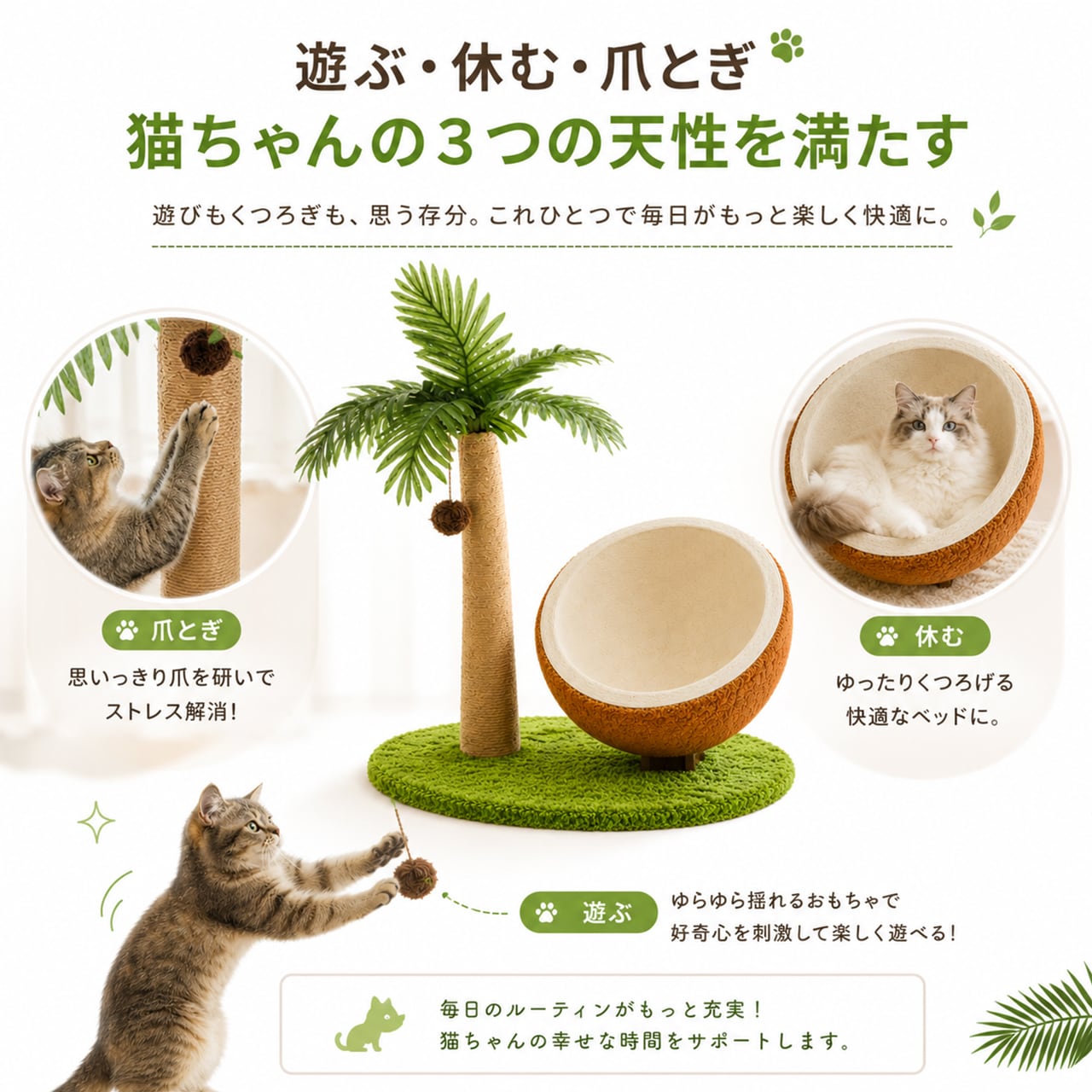 ヤシの木デザイン 爪とぎ一体型 キャットベッド オールシーズン対応