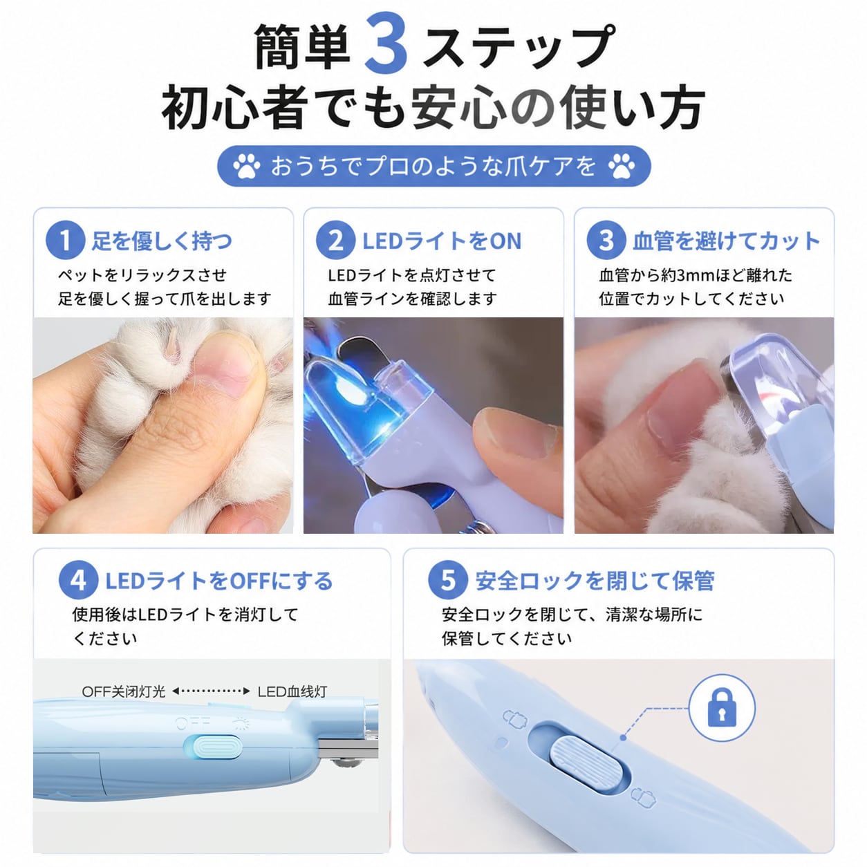 S  54  .LEDライト付きペット用爪切り｜犬猫用ネイルトリマー 血管が見える安全設計・飛び散り防止カバー付き