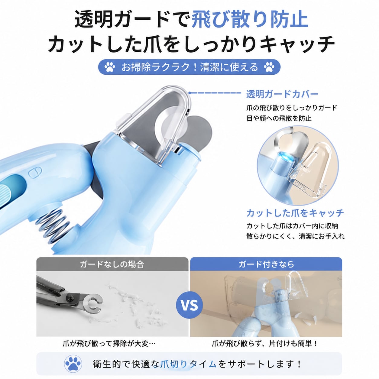 S  54  .LEDライト付きペット用爪切り｜犬猫用ネイルトリマー 血管が見える安全設計・飛び散り防止カバー付き