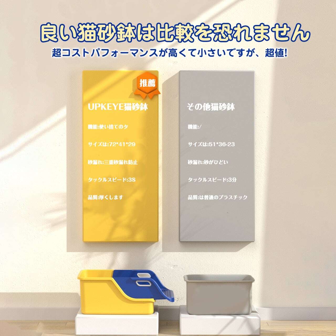 猫トイレ 猫用トイレ本体 オープンタイプ キャットトイレ 半密閉型 ペットトイレ ポータブル猫砂トレイ 猫砂ボックス スコップ付き 子猫から成猫まで使える 清潔 掃除しやすい 飛び散らない（適用：成猫と子猫；サイズ：72*41*29cm）